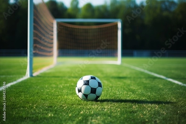 Fototapeta Vibrant Football Soccer Field with Artificial Turf, Soccer Goal, and Shadow from Goal Net