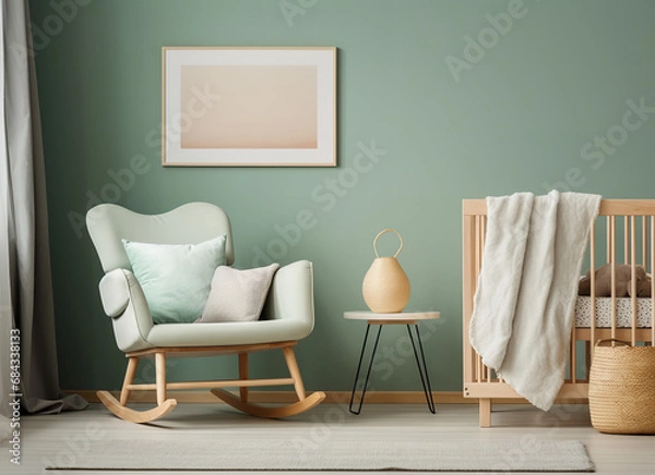 Fototapeta A wooden rocking baby rocking chair in the pastel green child's room, in the style of minimalist backgrounds