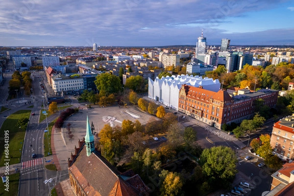 Fototapeta Szczecin from a bird's eye view on a sunny day. View of the city from the Oder River. City buildings, the seaport in Szczecin and its most characteristic places.