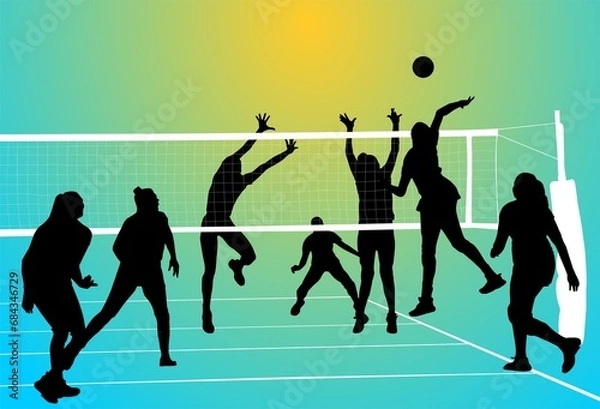 Fototapeta silueta, gente, vector, baile, deporte, voleibol, bola, salto