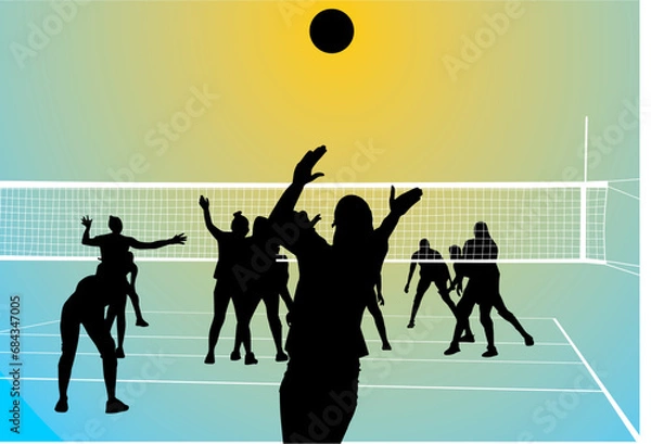 Fototapeta silueta, gente, vector, baile, deporte, voleibol, bola, salto