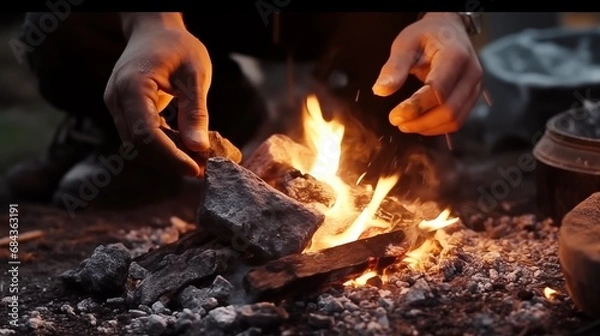 Fototapeta Cooking Delicacies Over a Roaring Flame: Close-up of a Person Preparing Tasty Meals on a Fire