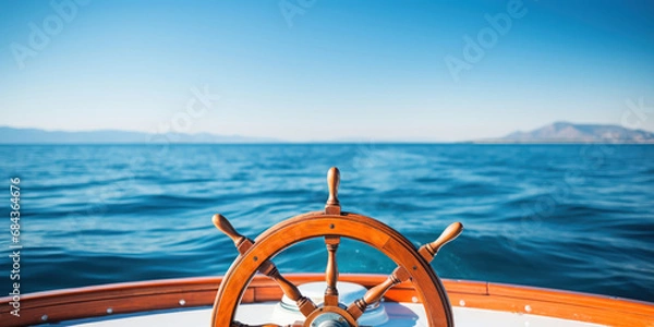 Fototapeta close-up of a boat's steering wheel, set against the vast, open expanse of the ocean under a clear sky