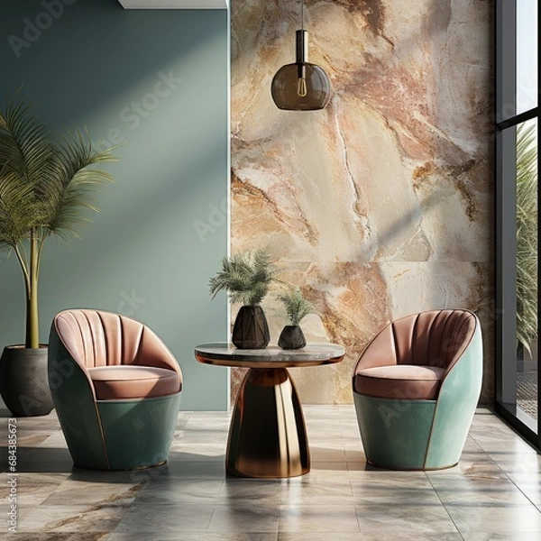 Fototapeta Modern-style room with green and pink chairs, round table, and marble pattern wall