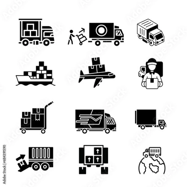Obraz Icon set. Loading goods. Delivery package. Package delivery transportation.
