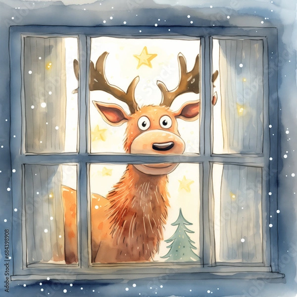 Obraz a cute Christmas reindeer outside the window in watercolor style