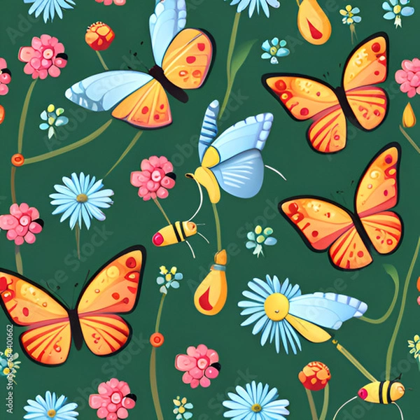 Obraz 꽃 과 나비 벌이 어우러진 패턴