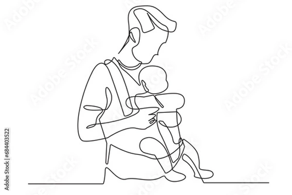 Fototapeta one line drawing of father holding son. continuous line of father carrying child in baby carrier