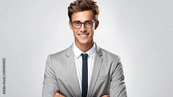Obraz portrait of a businessman with glasses, isolated on studio background, gray suit