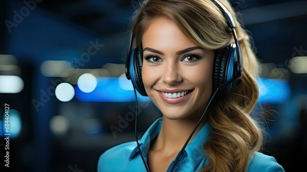 Obraz cheerful young woman working as a call center agent, wearing headphones with confident smile , professional manager, telemarketing concept 