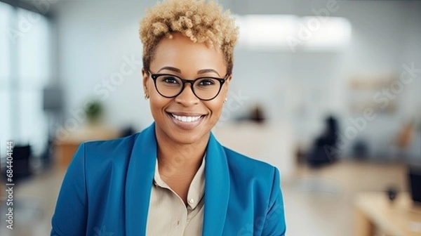 Obraz portrait of a smiling manager, african american woman with beautiful confident smile, office background
