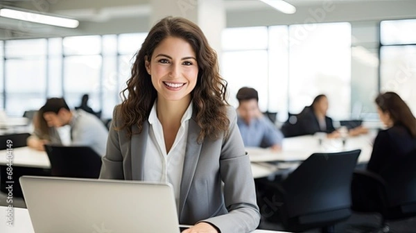 Obraz smiling businesswoman with laptop working together in office, picture for website 