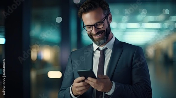 Obraz smiling businessman using mobile phone, looking at screen typing message with smartphone, leave the office 