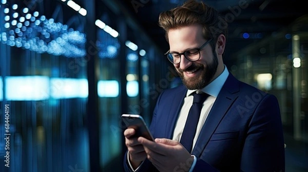 Obraz smiling businessman relaxing using mobile phone, professional entrepreneur looking at screen typing mesage with smartphone, office at night