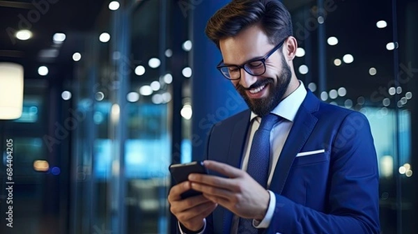Obraz smiling businessman with smartphone