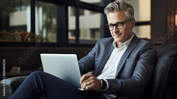 Obraz businessman working on laptop in office lobby 