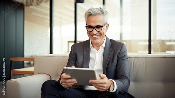 Obraz Smiling business professional using digital tablet in office