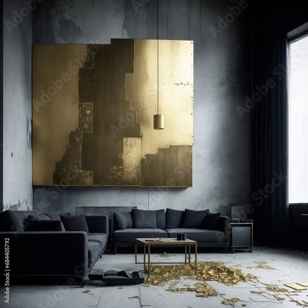 Fototapeta interior of the old abandoned house with golden panel destroyed Generative AI