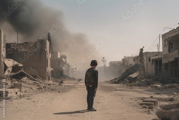 Fototapeta unrecognizable orphan kid affected by war; child alone in the middle of earthquake or bomb explosion destruction; sad Little Boy in destroyed city with a toy in Israel Gaza or Ukraine
