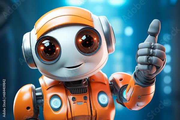 Fototapeta Orange robot showing a thumbs up gesture. The friendly robot has big round eyes and a friendly smile. Concept of artificial intelligence technology approval agreement, success, friendliness