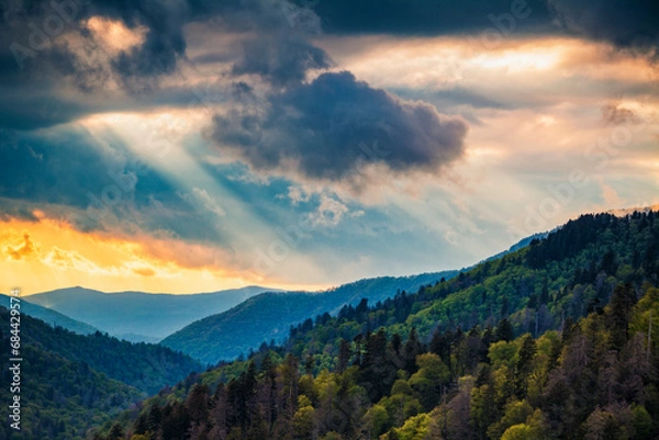 Obraz Sun rays breaking through at sunset after a storm in the Smoky Mountains
