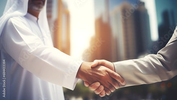 Fototapeta Arab businessman shaking hands with businessman.