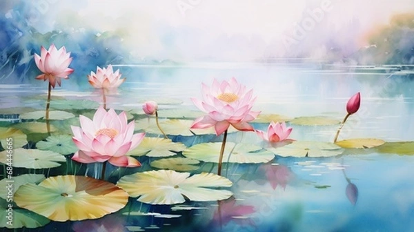 Fototapeta A picturesque scene of pink lotus flowers floating on a tranquil pond, providing a serene watercolor backdrop for your projects.