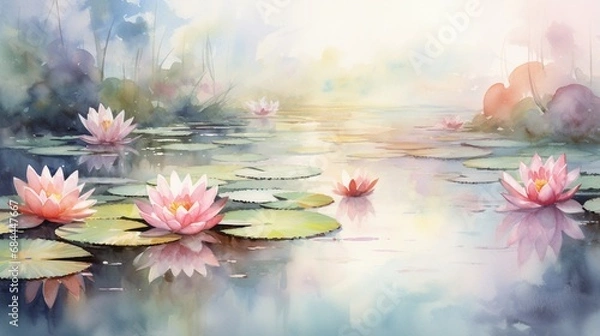 Fototapeta A serene pond surrounded by pink water lilies, their gentle colors merging with the watercolor backdrop for your design needs.