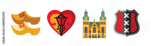 Fototapeta Netherlands Travel Symbols and Dutch Landmarks Flat Vector Set