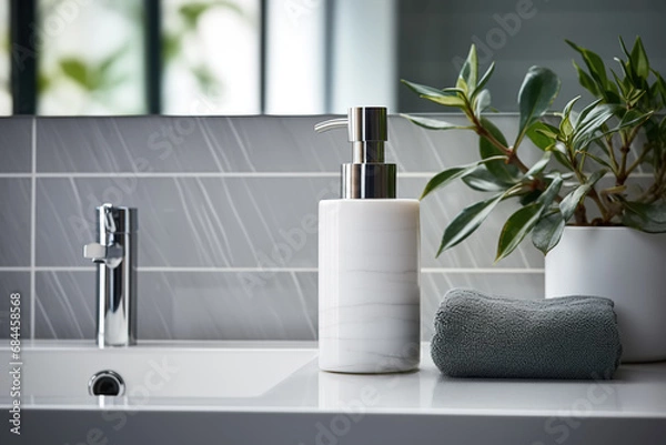Obraz Front view of sink and chrome faucet. Bathroom design, mirror, plant, towel. Close-up, selective focus on bottle