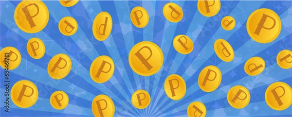 Fototapeta キラキラした金色のポイントコインが飛んでいる青いベクター背景画像