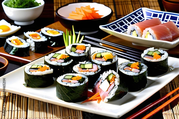 Fototapeta Korean kimbap, Korean kimbap, is a food that is eaten by putting rice on top of seaweed, adding various ingredients, and rolling it up.
Generative AI.