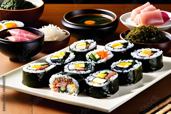 Fototapeta Kimbap is Korea's representative food. kimbap is a food that is eaten by placing rice on top of seaweed and adding various vegetables on top.
Generative AI.