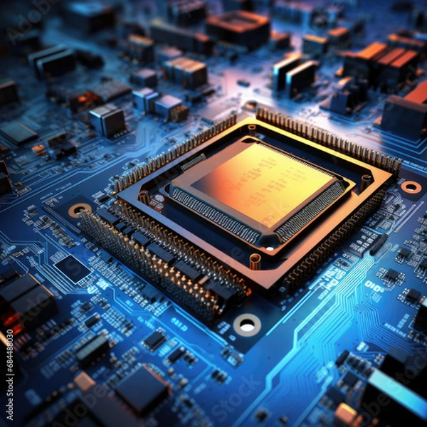 Fototapeta Glowing modern processor. Big illuminated graphic processor surrounding by other electrical components