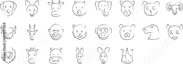 Fototapeta Animal face hand drawn icons set, including icons such as Dog face, Lion face, Monky face, Tiger face, Name, and Fox face. pencil sketch vector icon collection