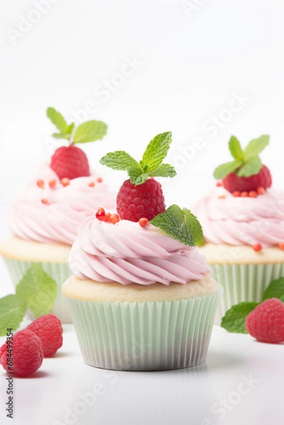 Obraz Cupcakes with fresh raspberries and mint on a white background. 