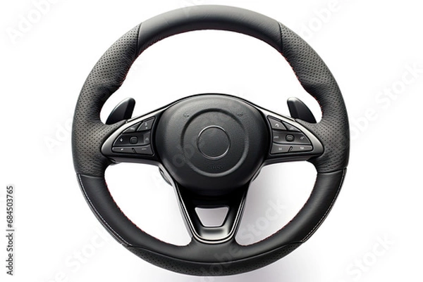 Obraz a car steering wheel with black leather isolated on white background