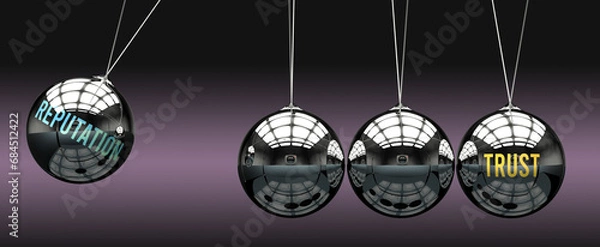Fototapeta Reputation leads to Trust. A metaphor in which reputation initiates motion of trust and gives it energy. Cause and effect relation between reputation and trust.,3d illustration