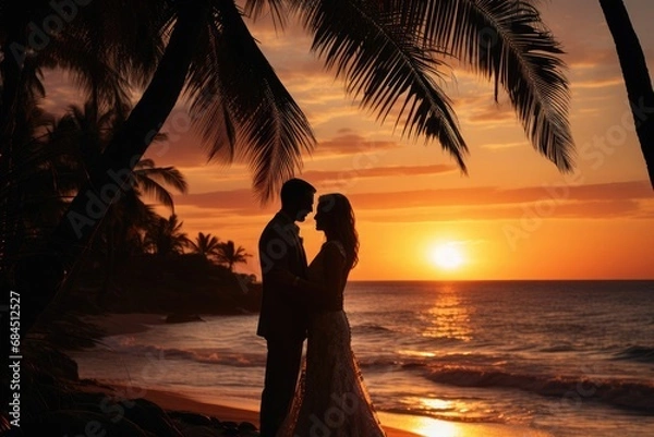 Fototapeta silhouette of a wedding couple on a beach with palm trees on a sunset