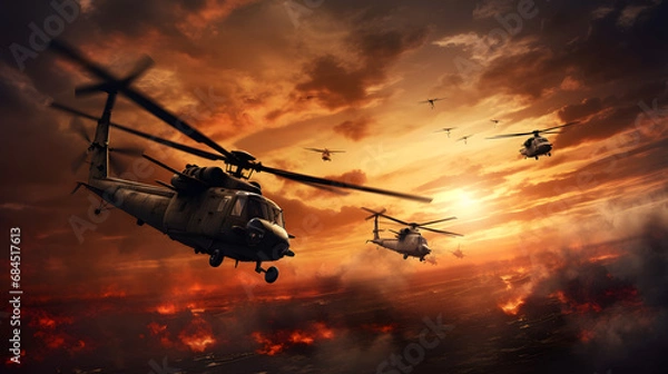 Fototapeta Military helicopters, forces and tanks in plane in war at sunset. generative ai.