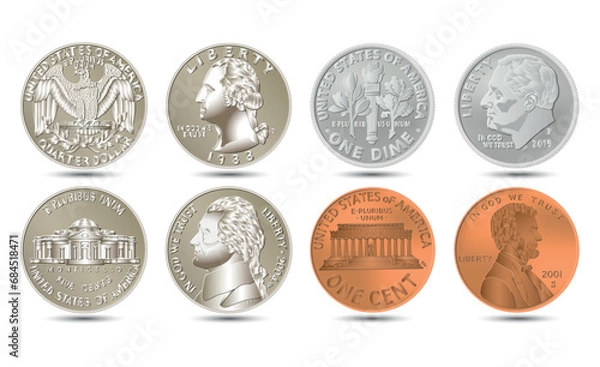 Fototapeta Set of obverse and reverse of American money. Vector illustration.