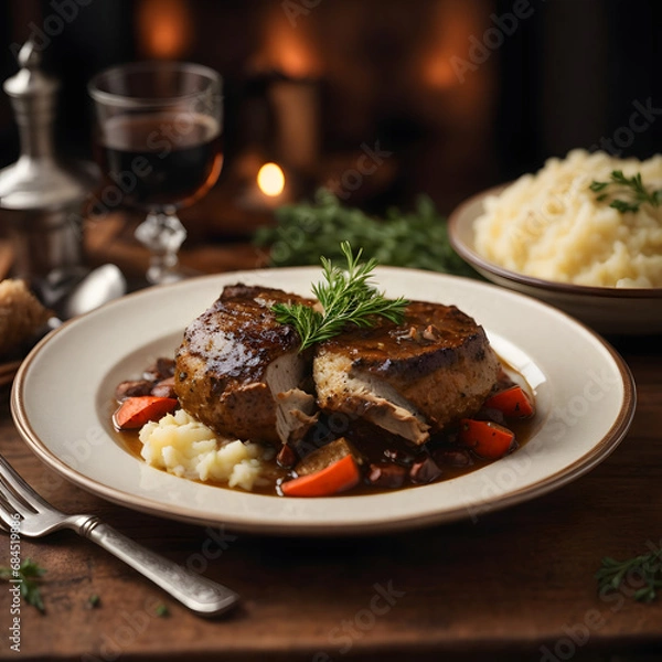 Fototapeta Coq au Vin with Garlic Mashed Potatoes - A French Culinary Extravaganza