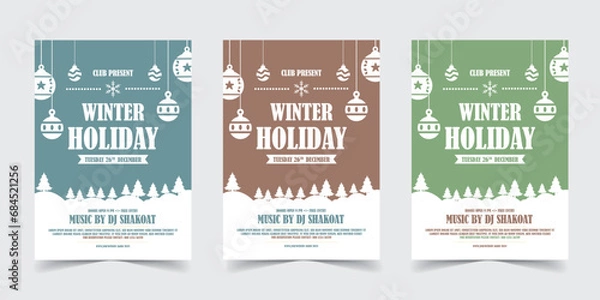 Fototapeta Winter Holiday party Flyer Template Poster Design, holiday covers. Holiday templates with typography and multicolor in modern minimalist style for web, social media and print design