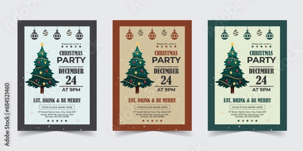 Fototapeta Elegant Christmas Party Invitation Design Featuring a Decorated Tree, Hanging Ornaments, Snowflakes, and Classic Festive Text for Holiday Celebrations and Social Gatherings