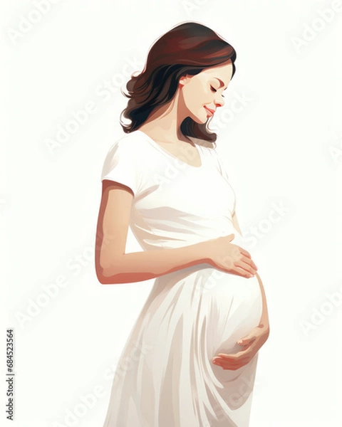 Obraz Pregnant woman hugs her big belly with her hands on a white background in a flat illustration style