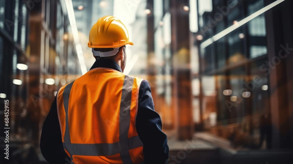 Fototapeta construction engineer standing with his back and watches at a skyscraper building construction. wearing a helmet and orange safety vest. working as a architect.
