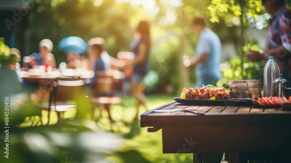 Fototapeta Photo of a family and friends having a picnic barbeque grill in the garden. having fun eating and enjoying time. sunny day in the summer