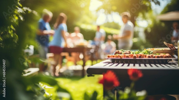 Fototapeta Photo of a family and friends having a picnic barbeque grill in the garden. having fun eating and enjoying time. sunny day in the summer