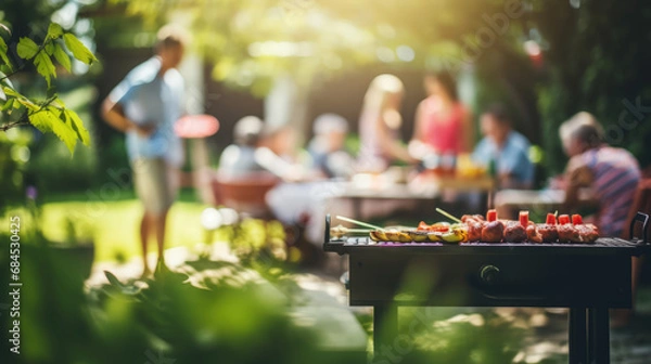 Fototapeta Photo of a family and friends having a picnic barbeque grill in the garden. having fun eating and enjoying time. sunny day in the summer