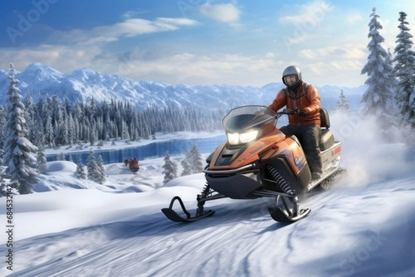 Obraz Snowmobiling Adventure: Exploring Winter Nature and Testing Snowmobile Handling Skills